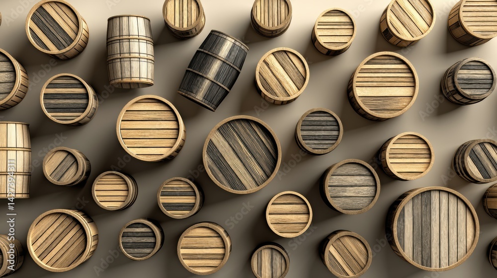 Leinwandbilder Geometric Arrangement of Wooden Barrels Creating a Striking Visual Pattern on a Neutral Background