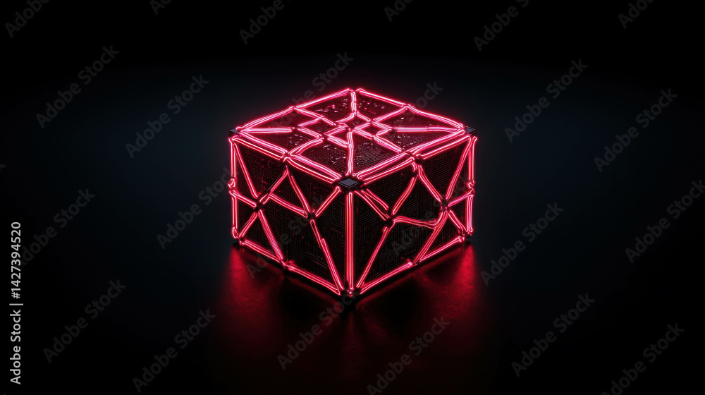 Poster modern neon cube structure with intricate pattern on dark background for abstract concept