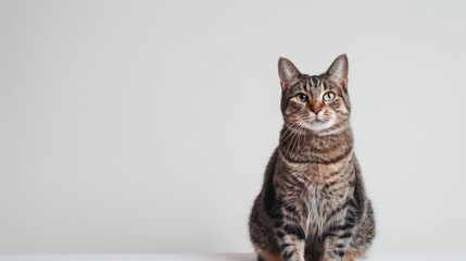 Studio portrait of a sitting tabby cat looking forward against a white back ground.