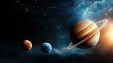 Fototapeta premium Magical interstellar scene showcasing giant planets stars galaxies and cosmic phenomena in a captivating celestial display against a mysterious dark universe backdrop