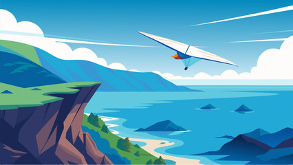 High above a serene coastal lagoon the hang glider rides the perfect wind currents while admiring the tranquility below.. Vector illustration
