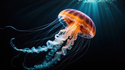 Bioluminescent jellyfish in dark ocean