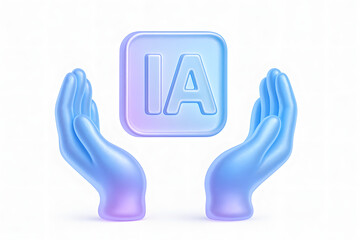 Fototapeta premium IA – Ícono 3D flotante sobre manos de cristal, estilo futurista con efecto glasmorfismo sobre fondo blanco.