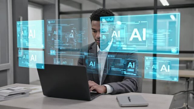 AI Artificial Intelligence technology for data analysis, research, planning, and work generate. Man uses a laptop and AI assistant dashboard. Technology smart robot AI agents and agentic workflow