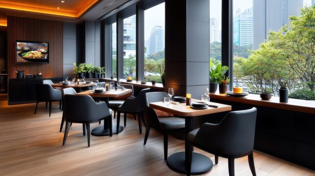 Elegant modern restaurant interior with panoramic overlooking a vibrant city skyline offering a refined and sophisticated dining experience for upscale clientele