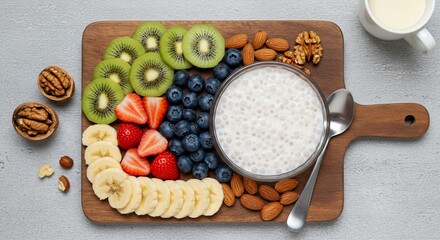 Healthy breakfast with fruit and tapioca pudding on a wooden board