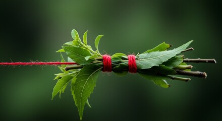 Obraz premium Bundle of green leaves and small branches tied with red thread.