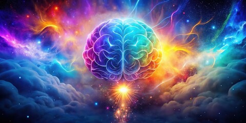 Obraz premium Cosmic Mind A Vibrant Neural Network Illuminated Against a Celestial Backdrop of Nebulae and Star Clusters