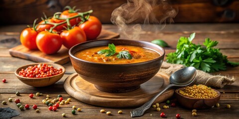 Aromatic and hearty lentil soup, steaming hot in a rustic bowl, garnished with fresh herbs, accompanied by colorful peppercorns and ripe tomatoes, a culinary delight on a wooden table