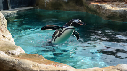 Playful Penguin Jumping in Water Pool &ndash; 수영장 물 위로 점프하는 장난기 많은 펭귄