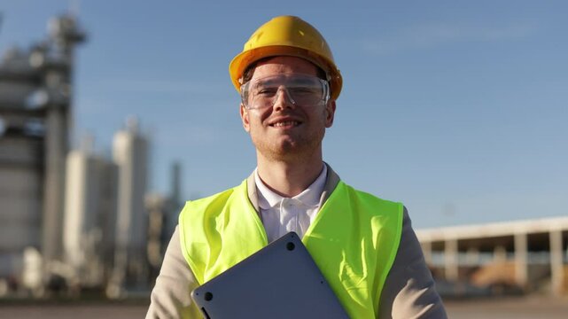 A professional engineer, a heavy industry worker, an inspector dressed in a protective uniform and a helmet, carries a tablet computer. A smiling industrial specialist strolling through the production