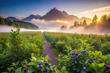 Serene Sunrise Path Through Misty Blueberry Field, Majestic Mountains in the Background