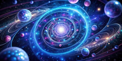 A cosmic swirl of vibrant nebulae, celestial bodies, and swirling galaxies converge at a radiant core, depicting a mesmerizing journey through the infinite expanse of space.