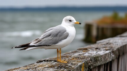 Seagull rests on weathered wooden rail with a blue sea and overcast sky background