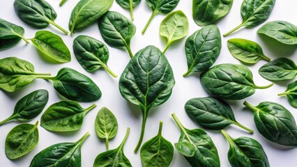 A vibrant arrangement of fresh spinach leaves, meticulously positioned against a clean white backdrop, showcasing the rich green hues and delicate textures of this nutritious leafy green vegetable.