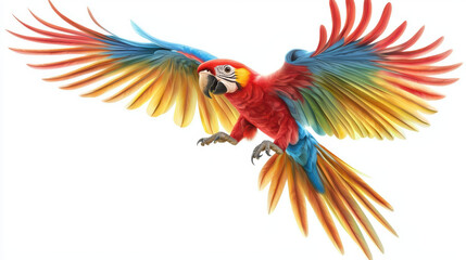 Obraz premium A vibrantly colored macaw with brilliant red, yellow, and blue feathers soars against a clean white backdrop, wings fully extended in majestic flight.