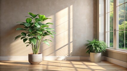 Fototapeta premium Sunlit Interior Scene Featuring Lush Potted Plants in a Room with a Window