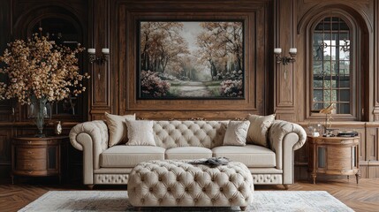 Elegant Living Room Interior Design with Classic Sofa and Landscape Painting