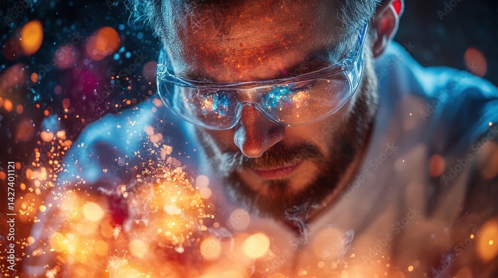 Poster technician focusing intently on sparks during a metalworking process in a workshop