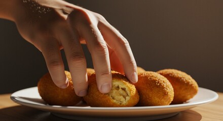 Hand reaching for a breaded and fried sphere-shaped snack on a plate.