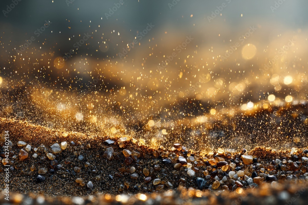 Poster macro shot captures the beauty of sand grains illuminated by soft morning light in a warm and tranqu