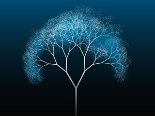 Tree silhouette. Binary fractal algorithmic design. Concepts of networks, decisions, computer programming, artificial intelligence, algorithms, machine learning.