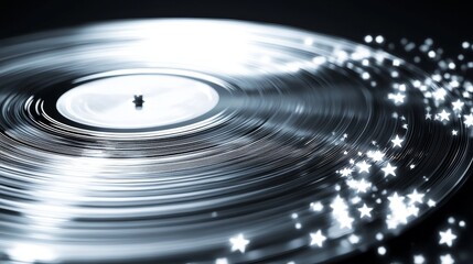 A close-up of a spinning vinyl record with shimmering stars in the background.