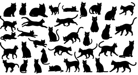 Black cat silhouettes in various poses, isolated on white background. Perfect for logos, decals, apparel design. Elegant, sleek feline figures showcasing minimalist modern art
