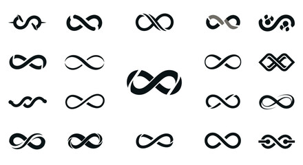 Infinity symbols collection, black infinity vector illustrations on white background. Perfect for logo design, branding, and mathematical representation. Various styles, from classic to artistic