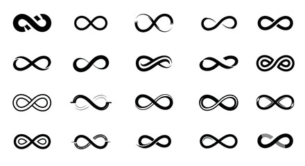 Infinity symbols collection, black infinity vector illustrations on white background. Perfect for logo design, branding, and mathematical representation. Various styles, from classic to artistic
