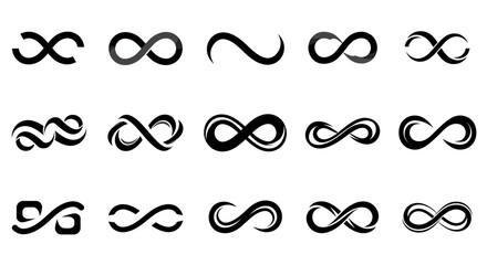 Infinity symbols collection, black infinity vector illustrations on white background. Perfect for logo design, branding, and mathematical representation. Various styles, from classic to artistic