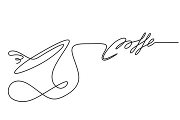 Continuous one line drawing pouring cup of coffe,coffe spiling on cup continuous line drawing vector,cup with coffe splash continious line drawing on white background 