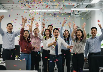 オフィスでの達成感と喜びを分かち合うチームの祝賀シーン