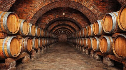 Aged wooden barrels in a wine cellar
