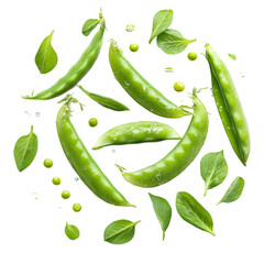 Fresh green peas and leaves falling on black background healthy food