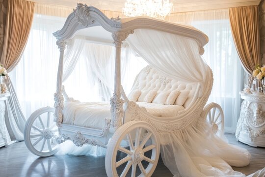 A luxurious ornate white bed shaped like a royal carriage
