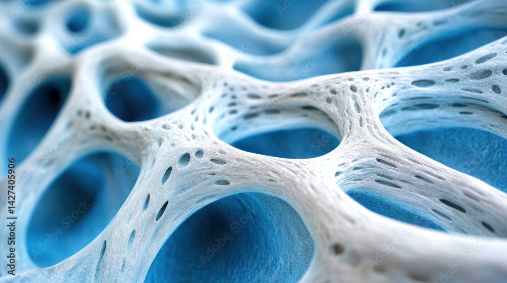 Poster the image is a close up of a blue and white object with many holes. the holes are scattered througho