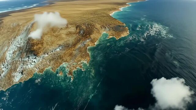 High aerial view of an arid brown landscape with turquoise ocean water and white clouds forming a unique earth texture.