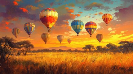 Fototapeta premium Sunset Hot Air Balloons Over Golden Savannah
