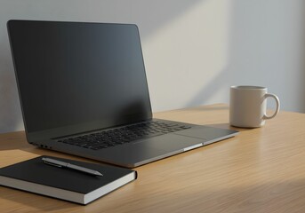 Fototapeta premium シンプルで整ったワークスペース — ノートPCとメモ帳のミニマルな仕事環境