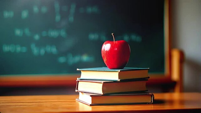 A shiny red apple placed on a stack of books in a classroom with a chalkboard in the background