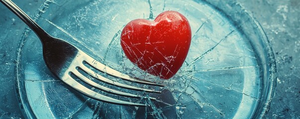 A fork and a heart symbol on a shattered plate, representing love for food.