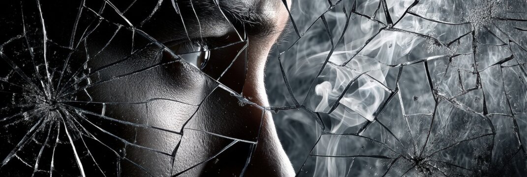 Reflection of a Broken Identity With Smoke Rising Through a Cracked Mirror Revealing Hidden Emotions