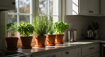 Herbs in pots on a kitchen windowsill bathed in sunlight creating a cozy and fresh atmosphere indoors