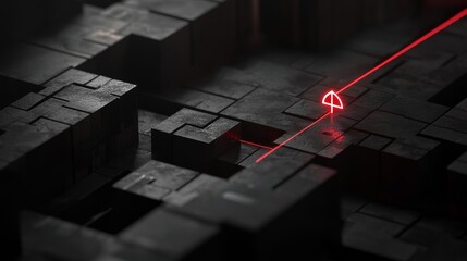A futuristic design featuring a glowing laser and intricate black structures.