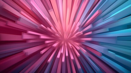 Obraz premium The image contains an abstract 3D rendering of numerous rectangular prisms, radiating outwards from a central vanishing point to create a dynamic, colorful burst effect. The prisms are rendered in s