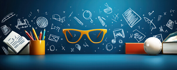 A blue background with a yellow pair of glasses on top of a desk with a book, pencils, and a clock