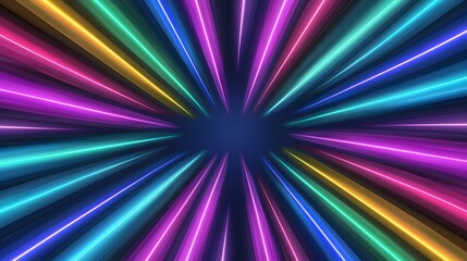 Fototapeta premium The image contains a radiating pattern of brightly colored neon lines, emanating from a central dark blue point. The lines are various shades of pink, purple, blue, teal, green, and yellow, creating