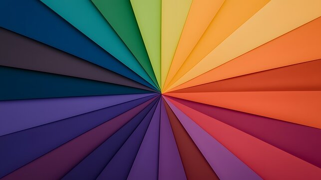 A vibrant sunburst pattern composed of numerous color swatches, radiating outwards from a central point, showcasing a spectrum of hues from deep blues and purples to warm oranges and reds.