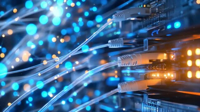 Modern server room activity with IT staff, blinking lights, secure systems, and high-speed data flow in a digital infrastructure environment.